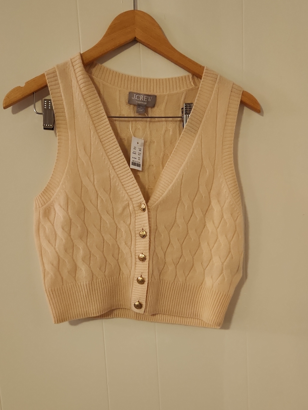 NWT J. Crew Cream Cable Knit Button-Front Tank Vest 100% Cashmere